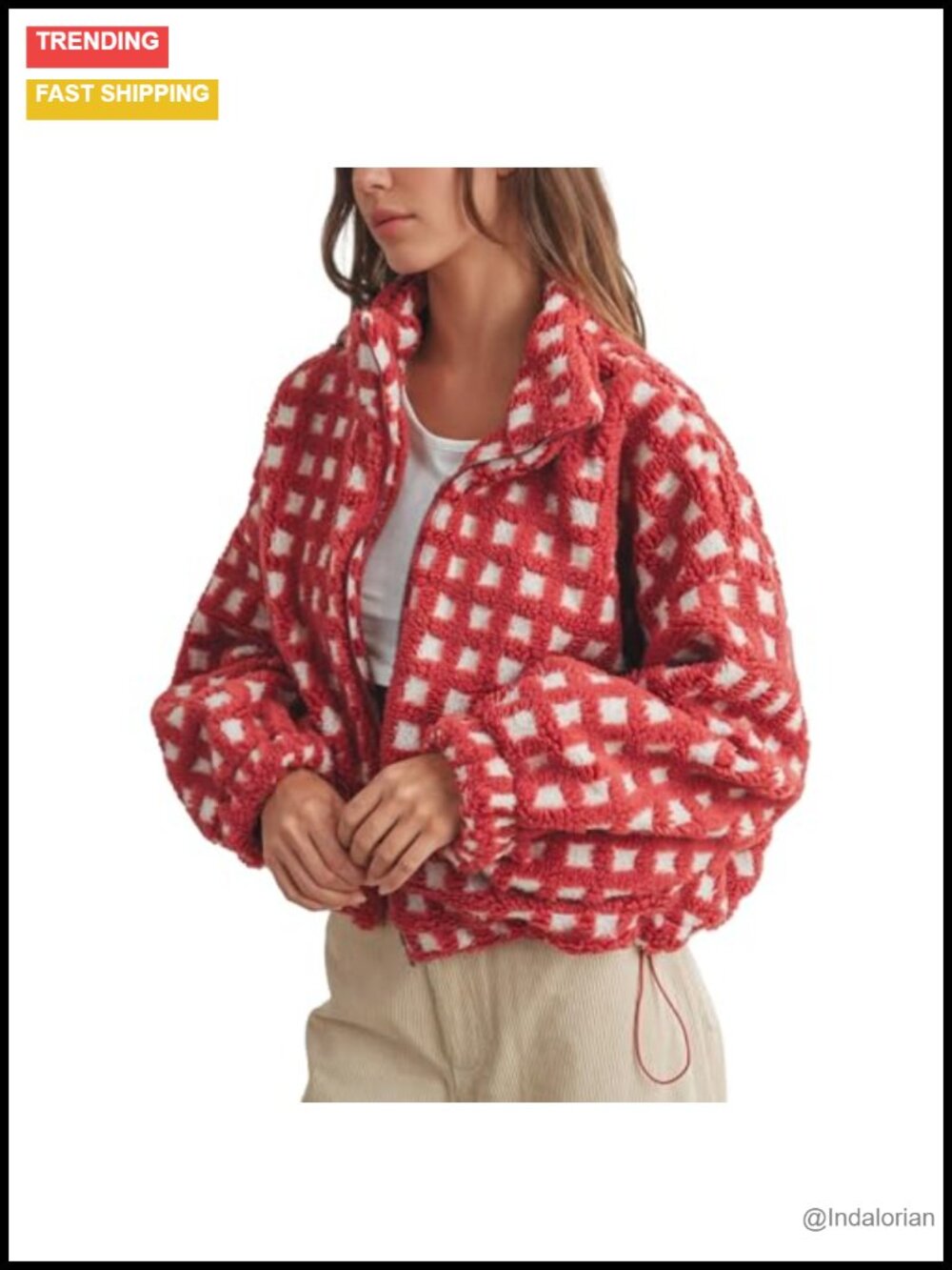 Womens Cropped Sherpa Fleece Jacket Zip Up Plaid Gingham Casual Coat
